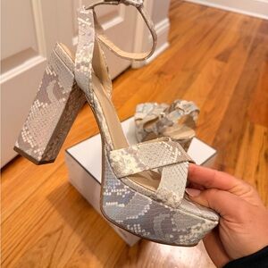 Marc Fisher Neutral Snake-Print Platform Ankle-Strap Heels